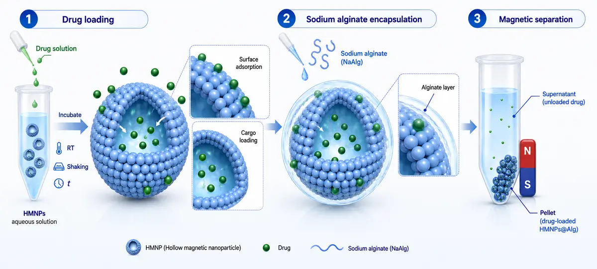 Hollow magnetic nanoparticle loading, encapsulation and separation workflow